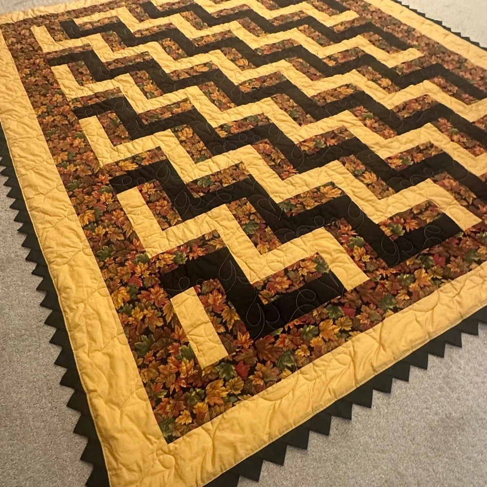 Handmade Autumn Leaf Patchwork Quilt Zig Zag Geometric Gold Black